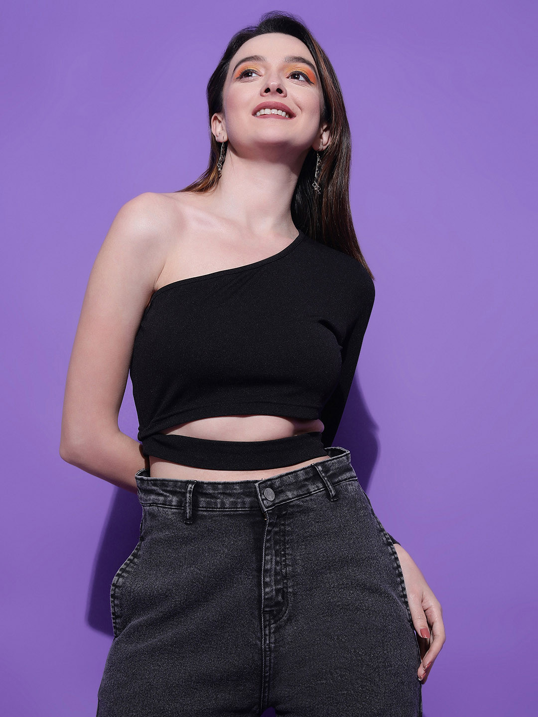 Stylecast X Kotty Black One Shoulder Cut Out Crop Fitted Top