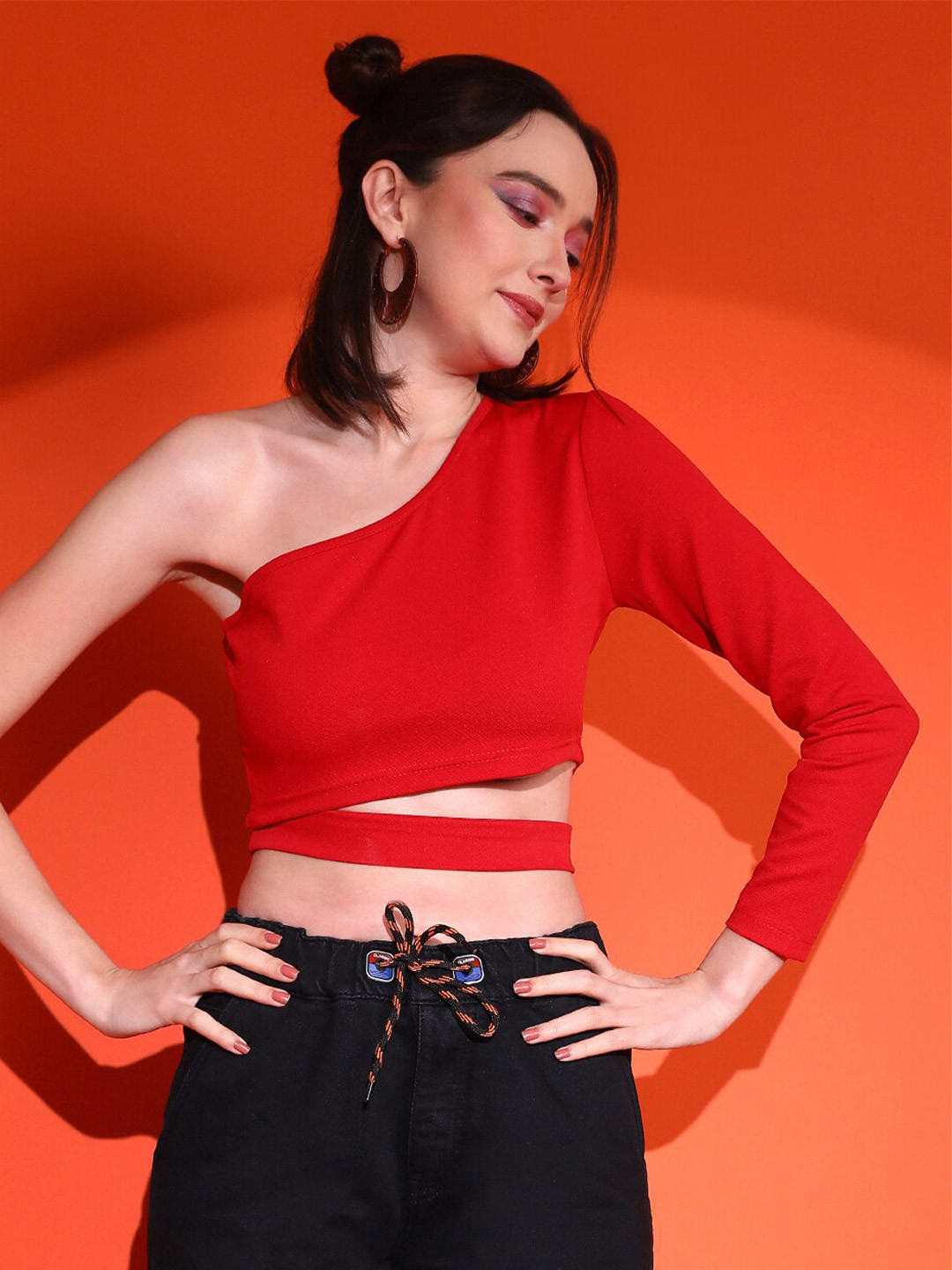 Stylecast X Kotty Red One Shoulder Cut-Out Fitted Crop Top