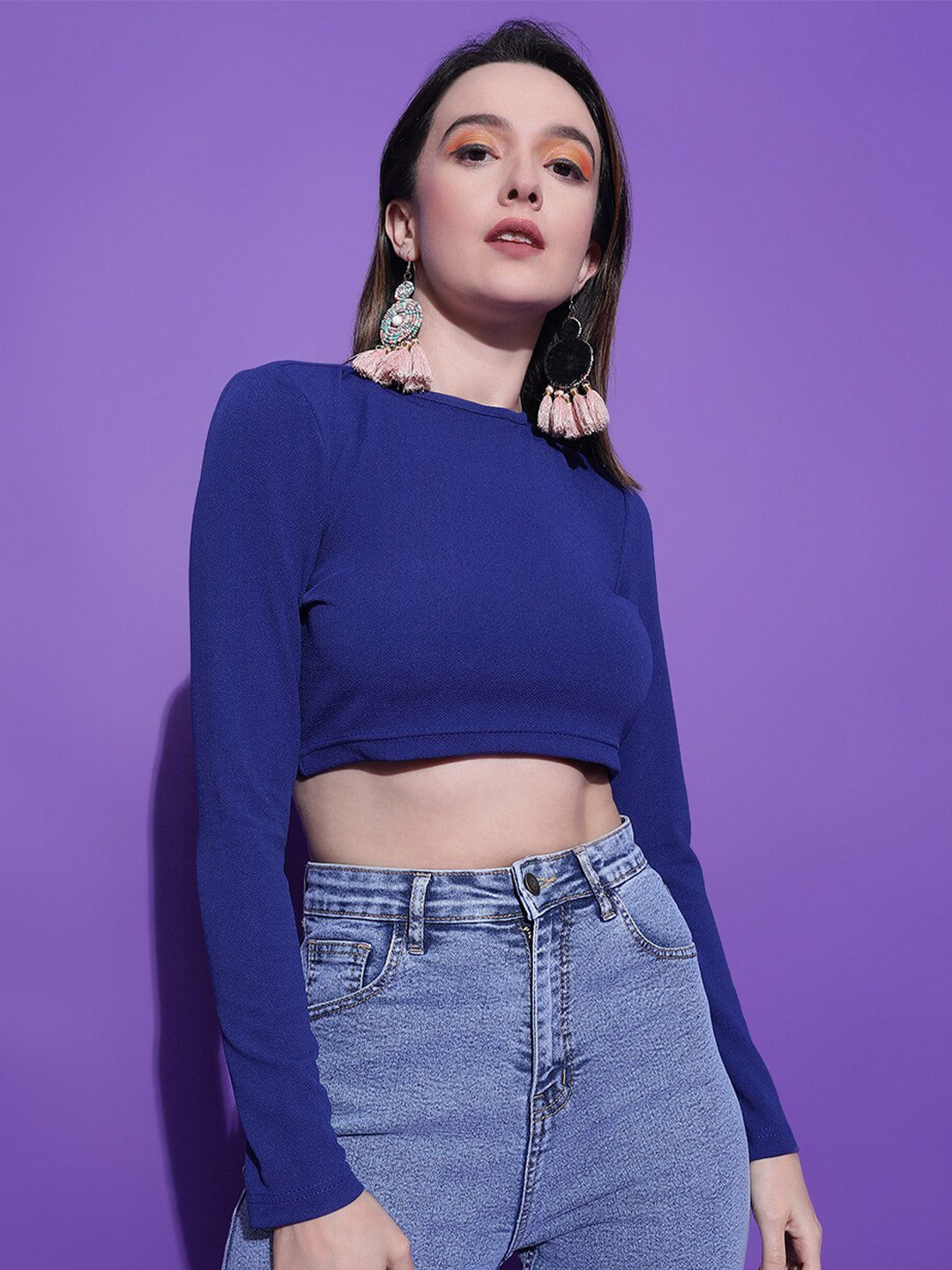 Stylecast X Kotty Blue Long Sleeves Crop Styled Back Top