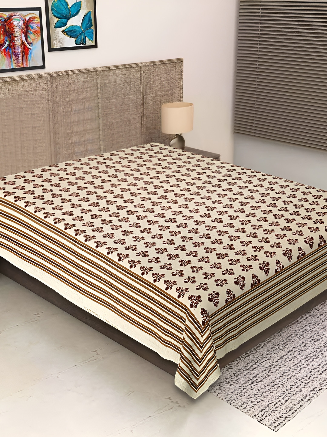 Texstylers Beige Floral Cotton 250 TC Double Fine Bedsheet -60 x 90 inches