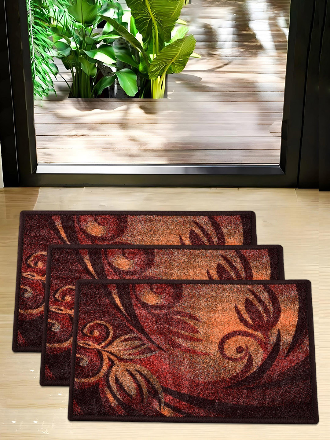 Kuber Industries Brown 3 Pieces Floral Pattern Anti-Skid Moisture Resistant Doormats