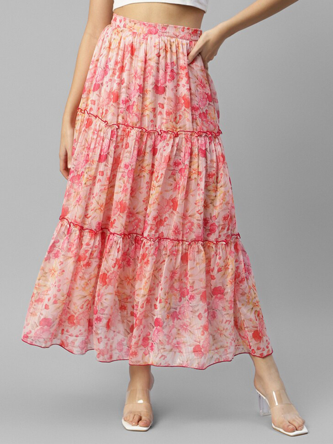 DEEBACO Floral Printed Chiffon Tiered Maxi Skirt