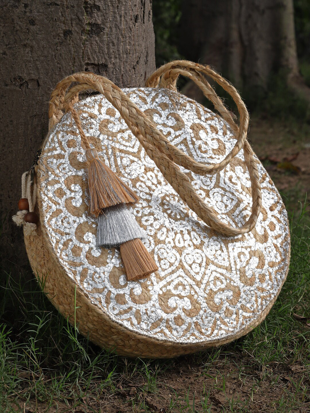 Anekaant Sisal Beige Mandala Jute Tote Bag With Tassels