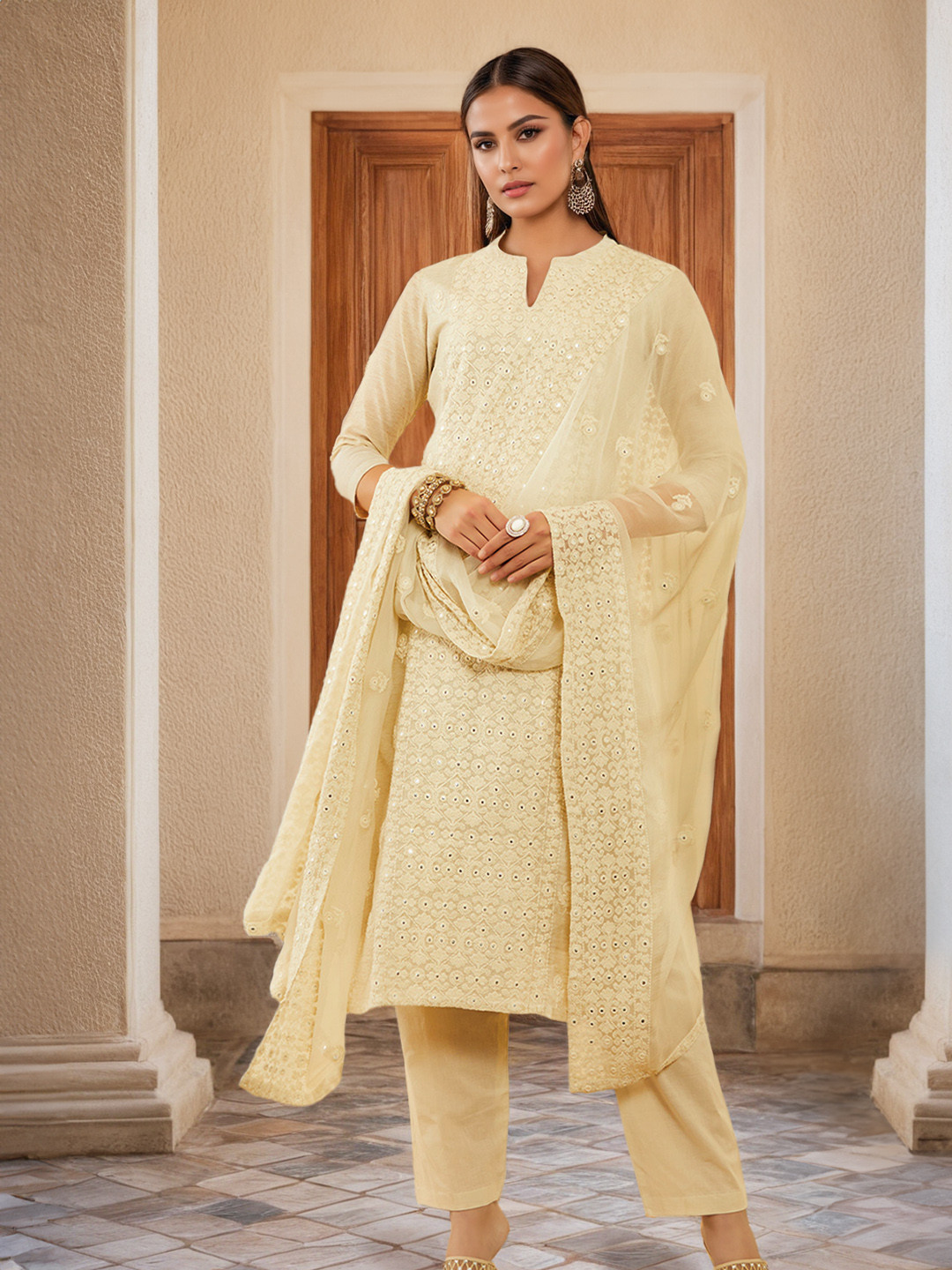 Soch Beige Floral Embroidered Chanderi Silk Straight Kurta With Trousers & Dupatta
