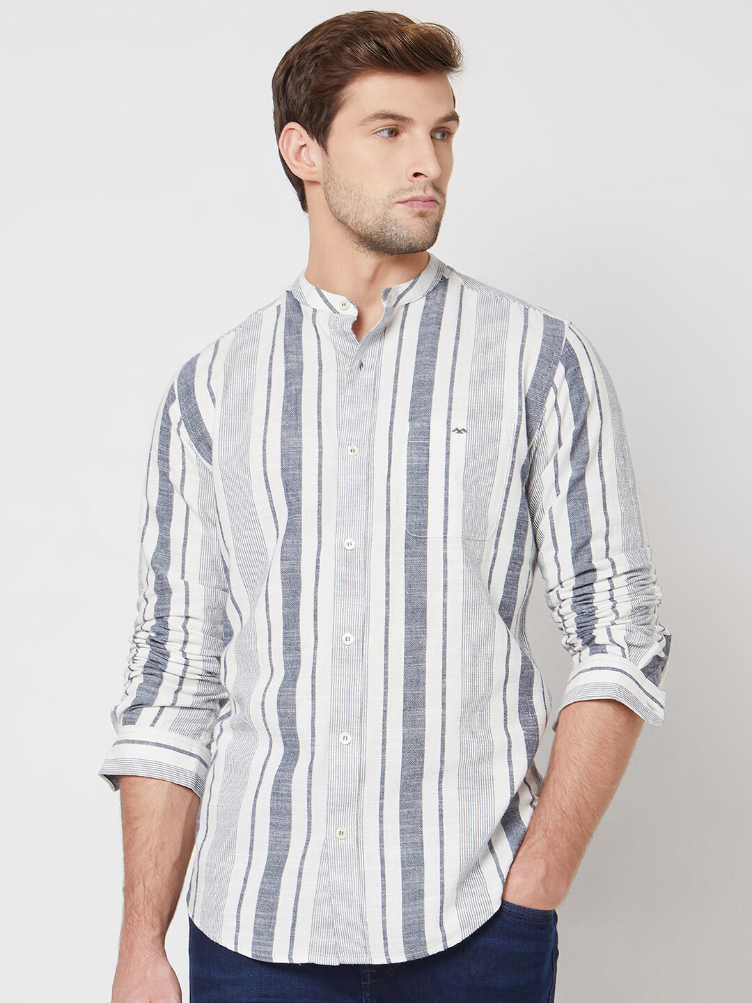 Mufti Vertical Stripes Button-Down Collar Cotton Slim Fit Casual Shirt