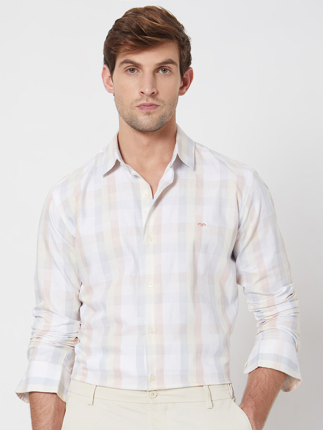Mufti Peach Slim Fit Opaque Checked Cotton Casual Shirt