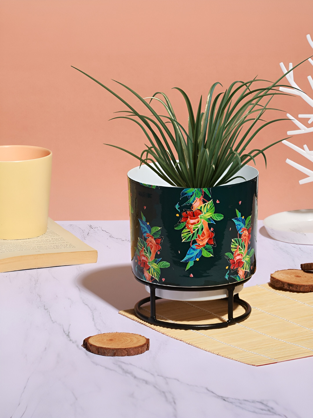Homspurts Green & Red Floral Printed Metal Floor Planter With Stand