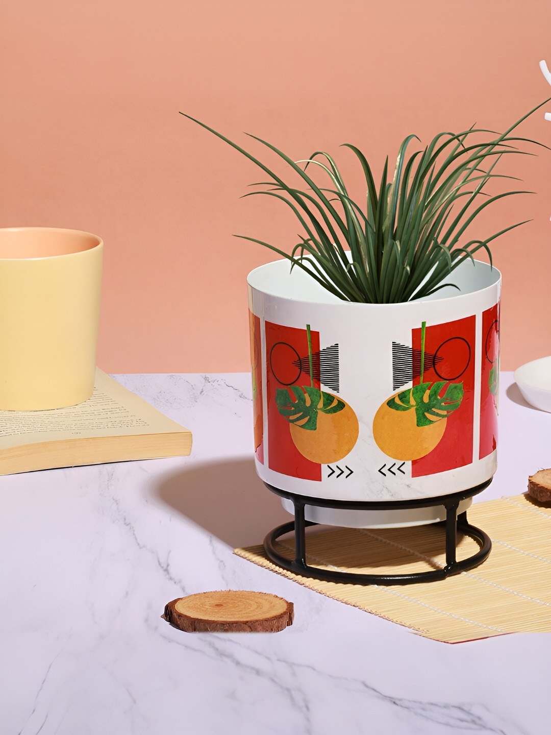 Homspurts Red & White Printed Metal Planter With Holder