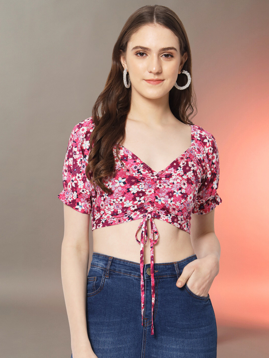 Trend Arrest Floral Printed Puffed Sleeves Ruched Crop Top