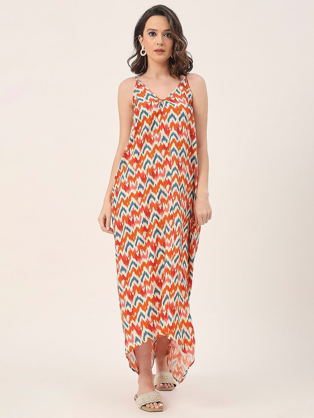 Moomaya Geometric Print V Neck High Low Maxi Dress