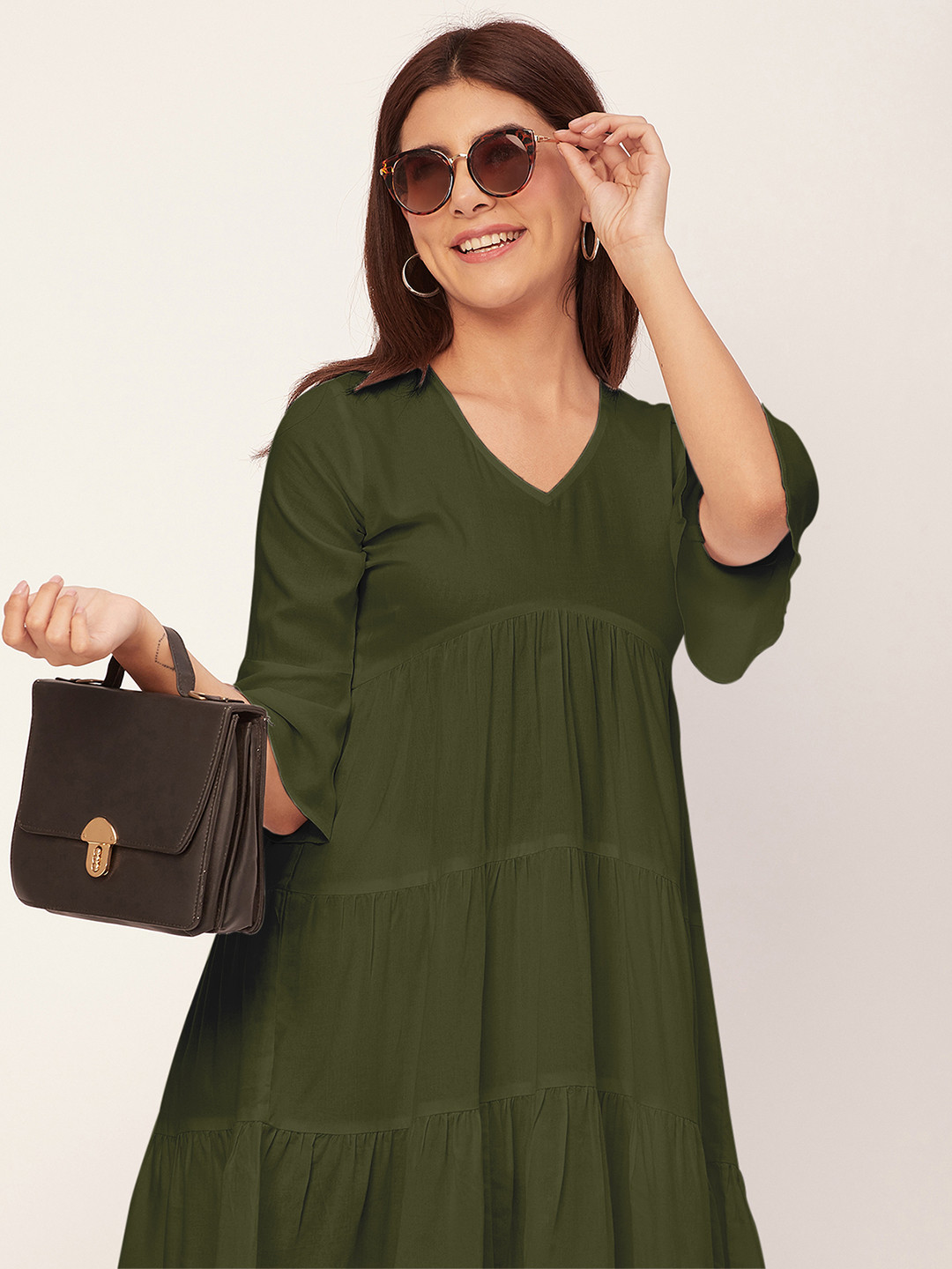 Moomaya V Neck  Bell Sleeve Above Knee Empire Dress