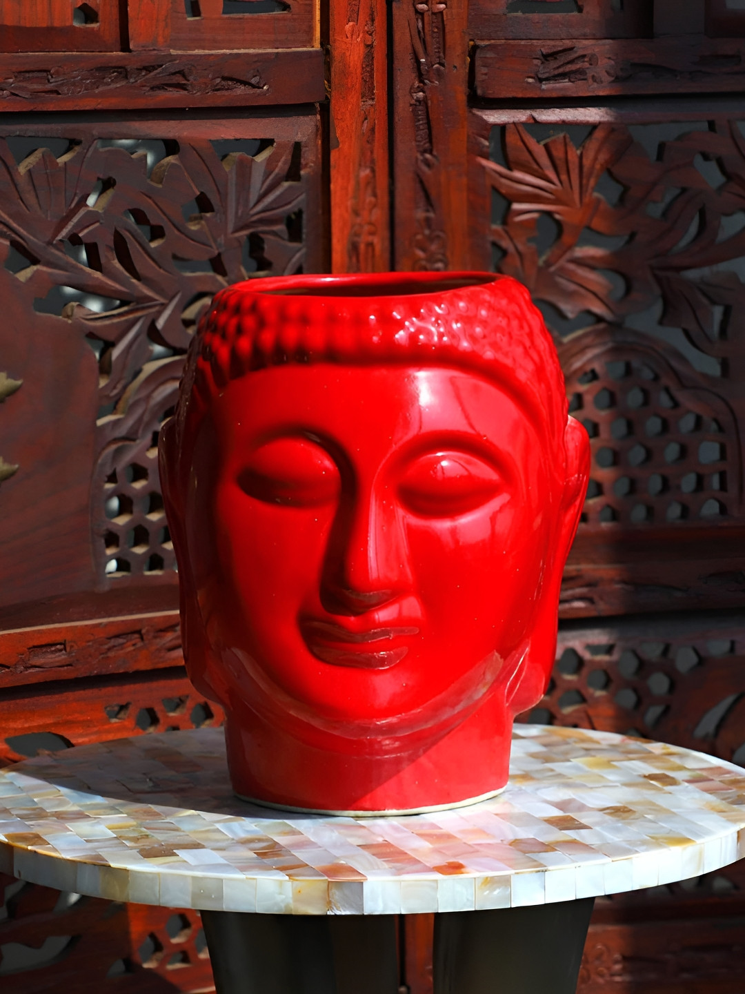 INDIA MEETS INDIA Red Ceramic Buddha Shaped Planter