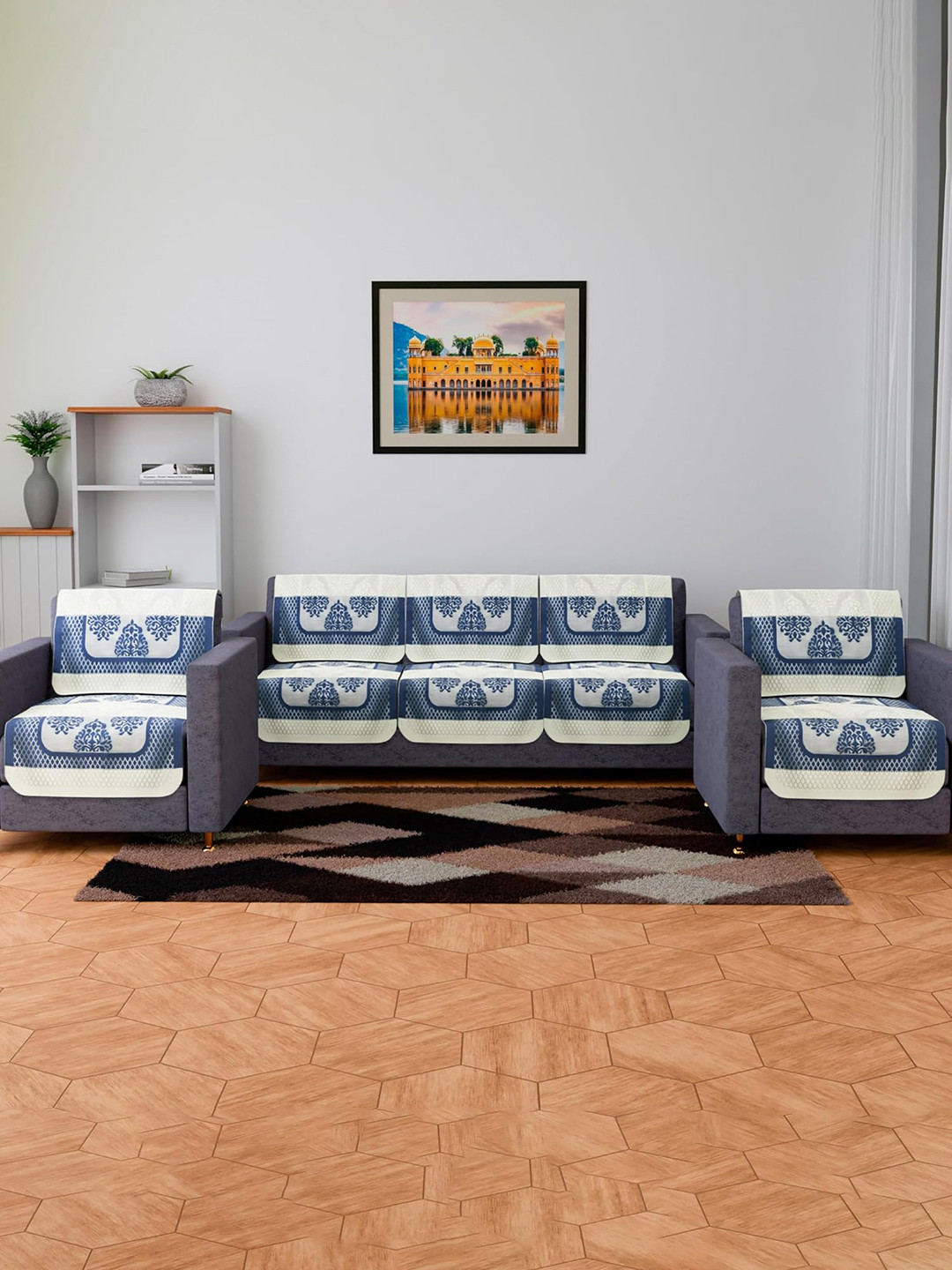 Kuber Industries Cream & Blue 10 Pieces Ethnic Motifs Printed Cotton 5 Seaters Sofa Cover