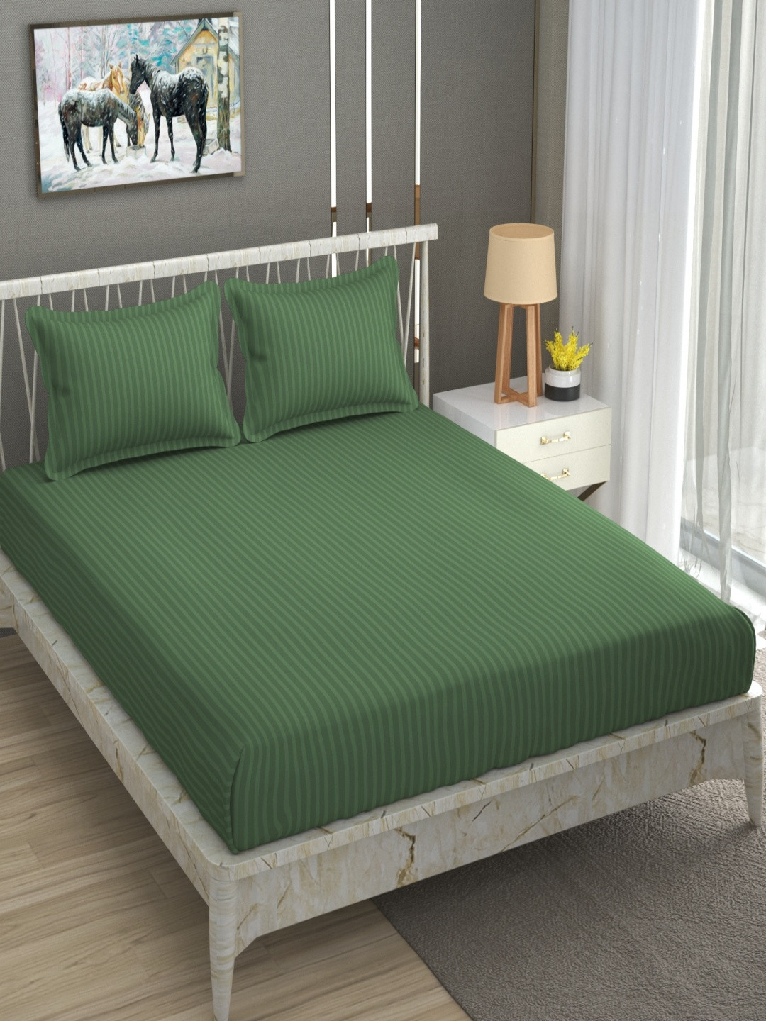 Aura Stripe Green Striped Microfiber 180 TC Queen Fine Bedsheet with 2 Pillow Covers-89 x 89 inches