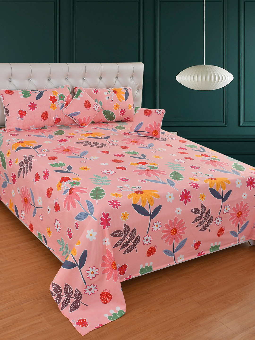 MORADO Peach & Green Floral Polycotton 5 Piece Double Queen Superfine Bedding Set