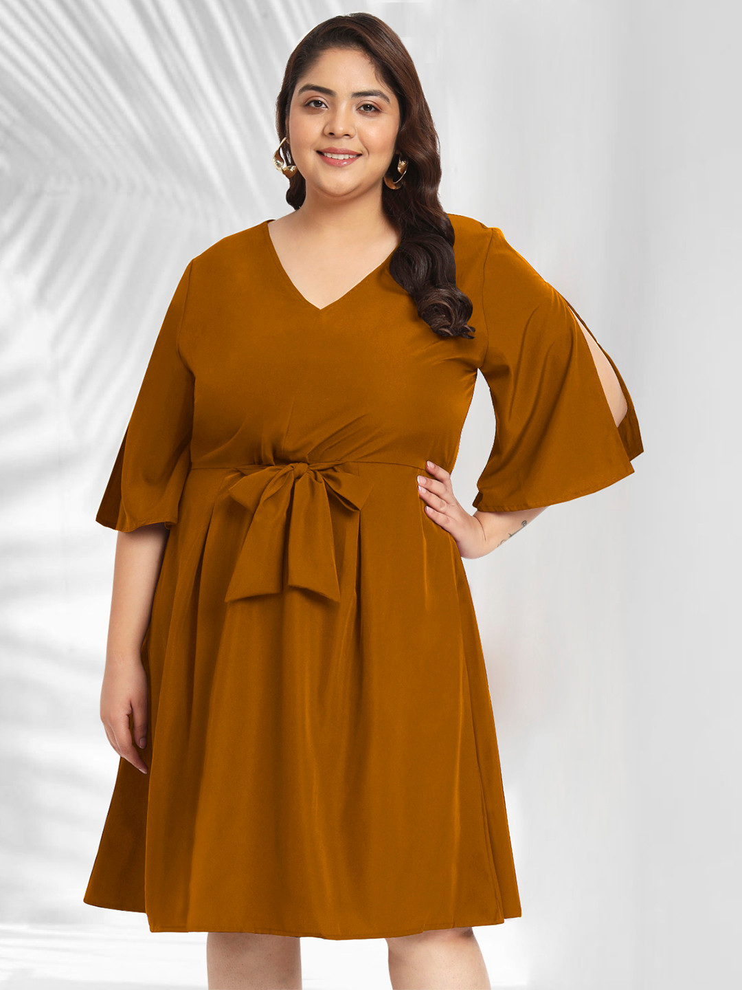 wild U V-Neck Flared Sleeve Knee Length Fit & Flare Dress