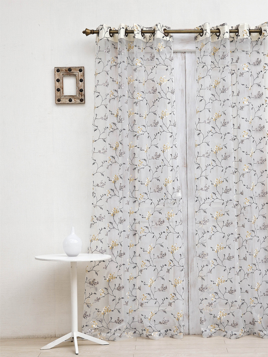 Ariana Grey & White Floral Embroidered Sheer Long Door Curtain With Velcro