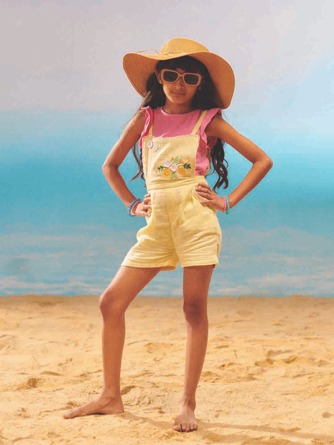 Somersault Girls Floral Embroidered Pure Cotton Citrusy 2 In 1 Dungree