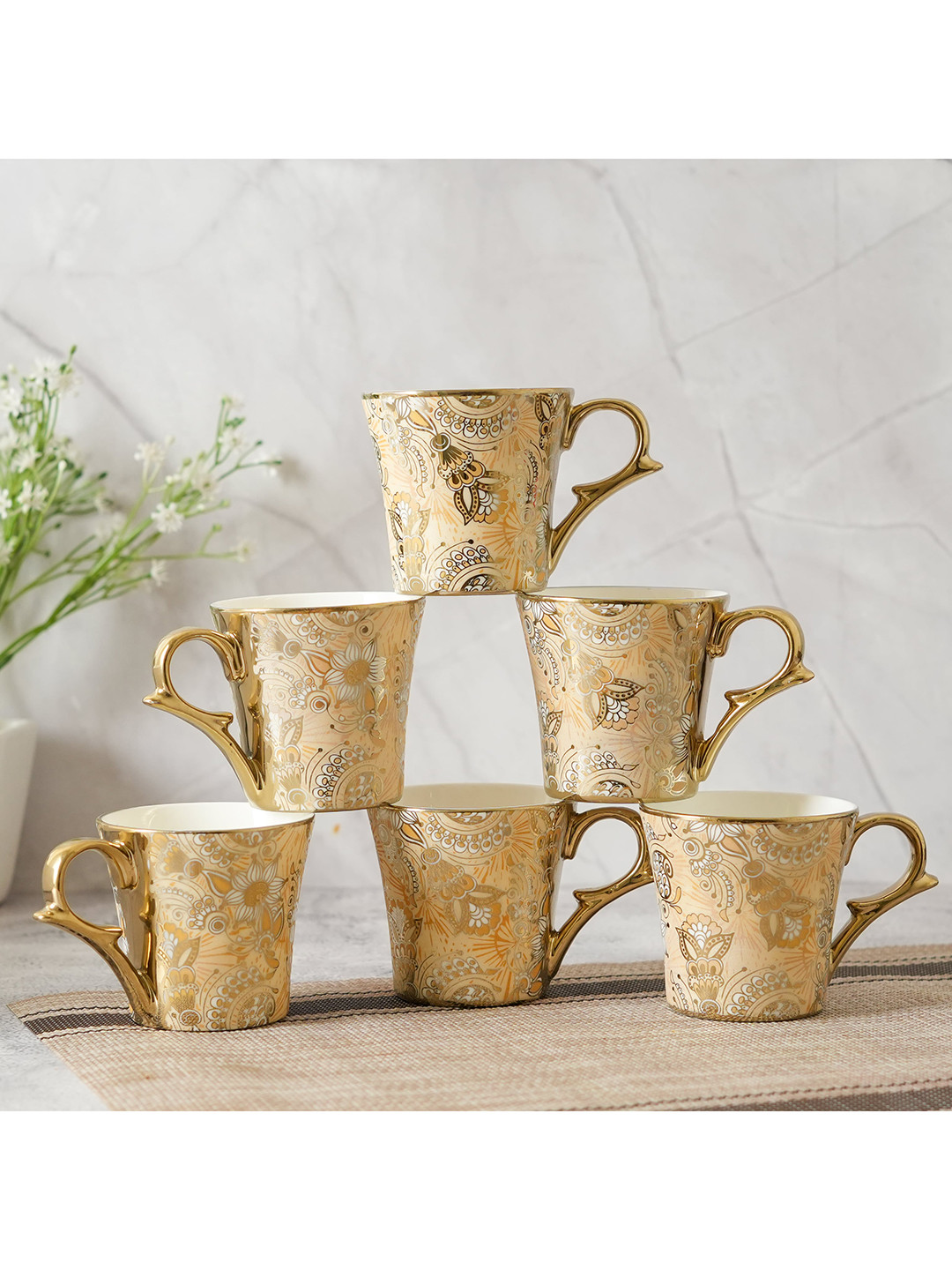 Femora Mere Pyare Nanu Gold Floral Ceramic Microwave Safe 6 Piece Mugs-180ml