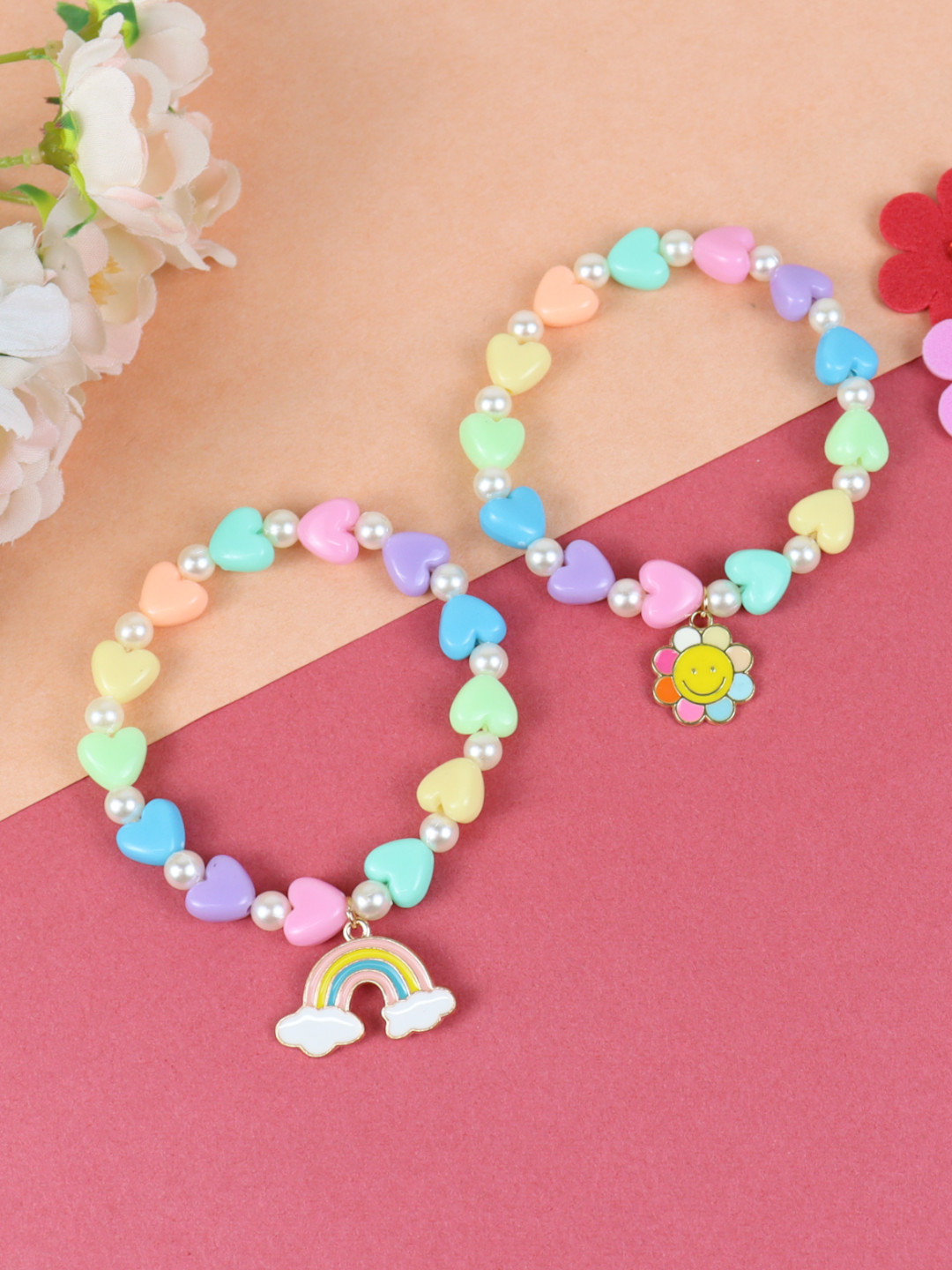 Asthetika Kids Girls Rainbow Floral Beaded Charm Bracelet