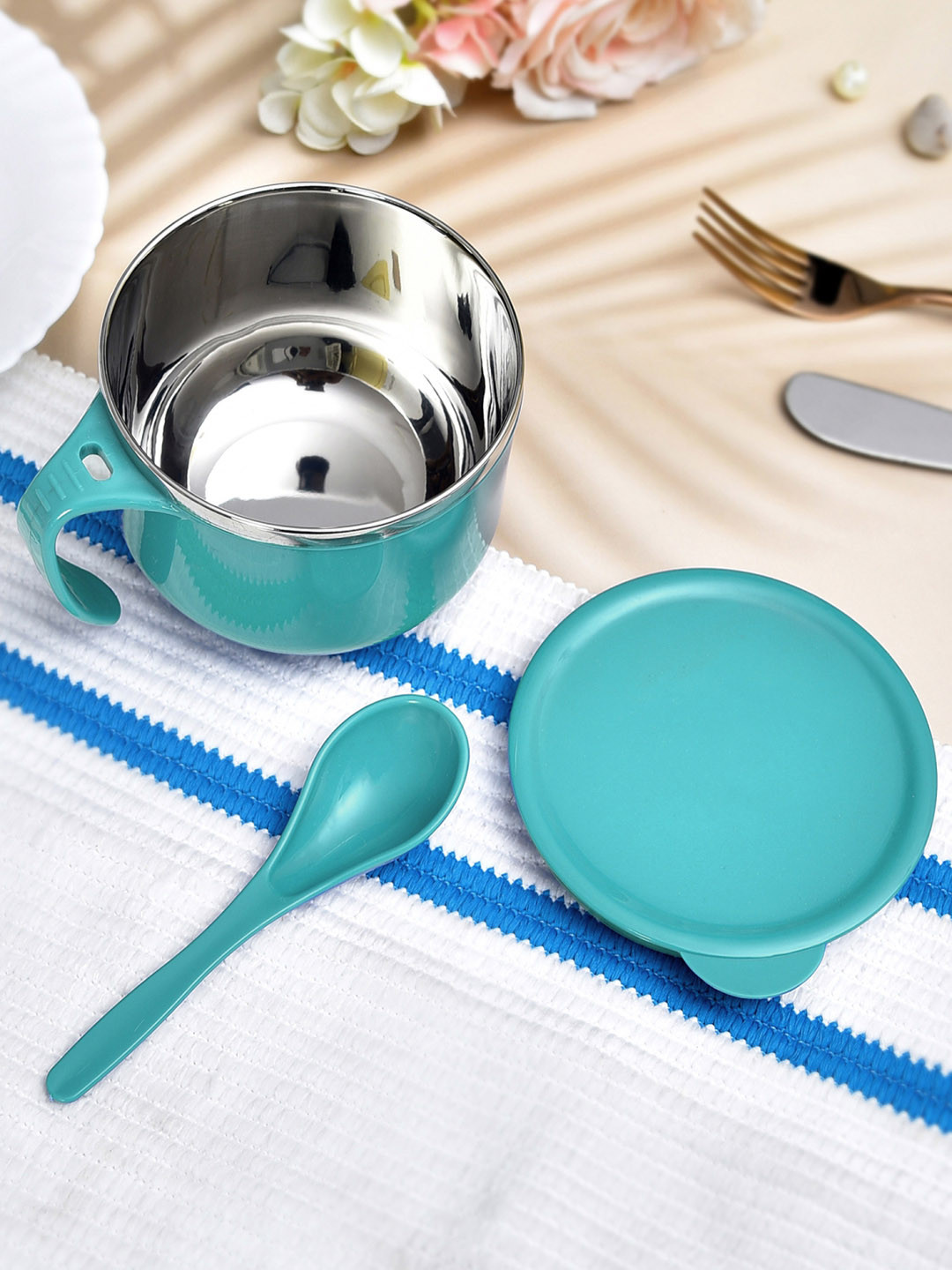 Kuber Industries Green & 2 Pieces Stainless Steel Glossy Food Container