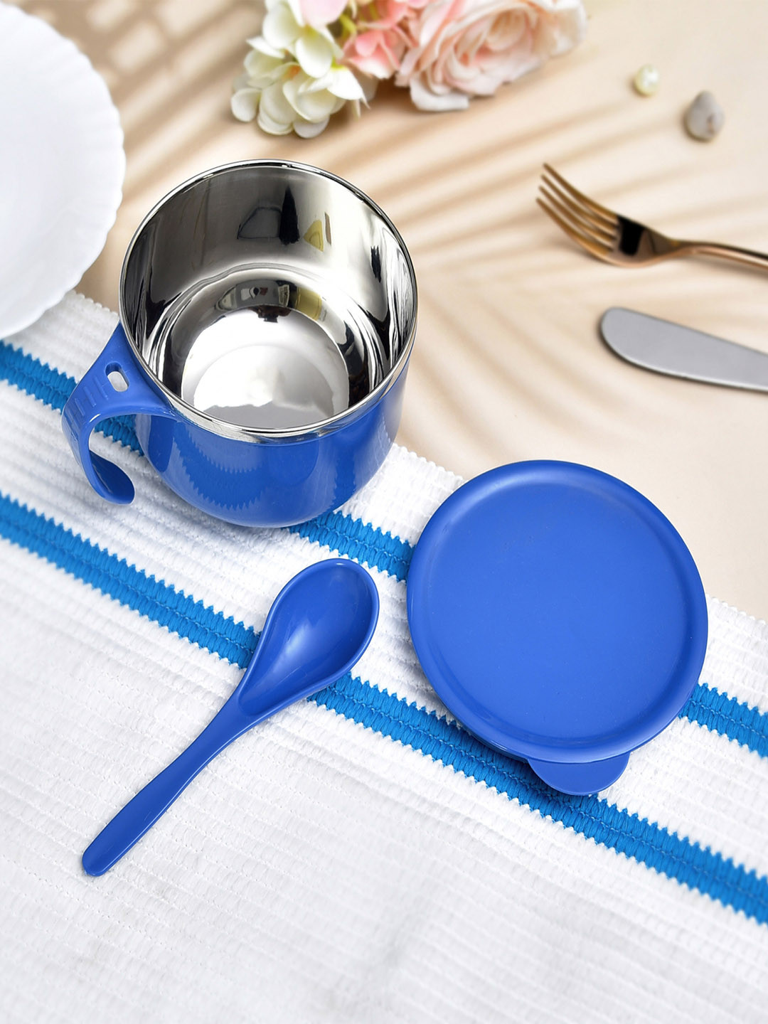 Kuber Industries Blue Solid Stainless Steel Non-Toxic 2 Piece Dinner Set