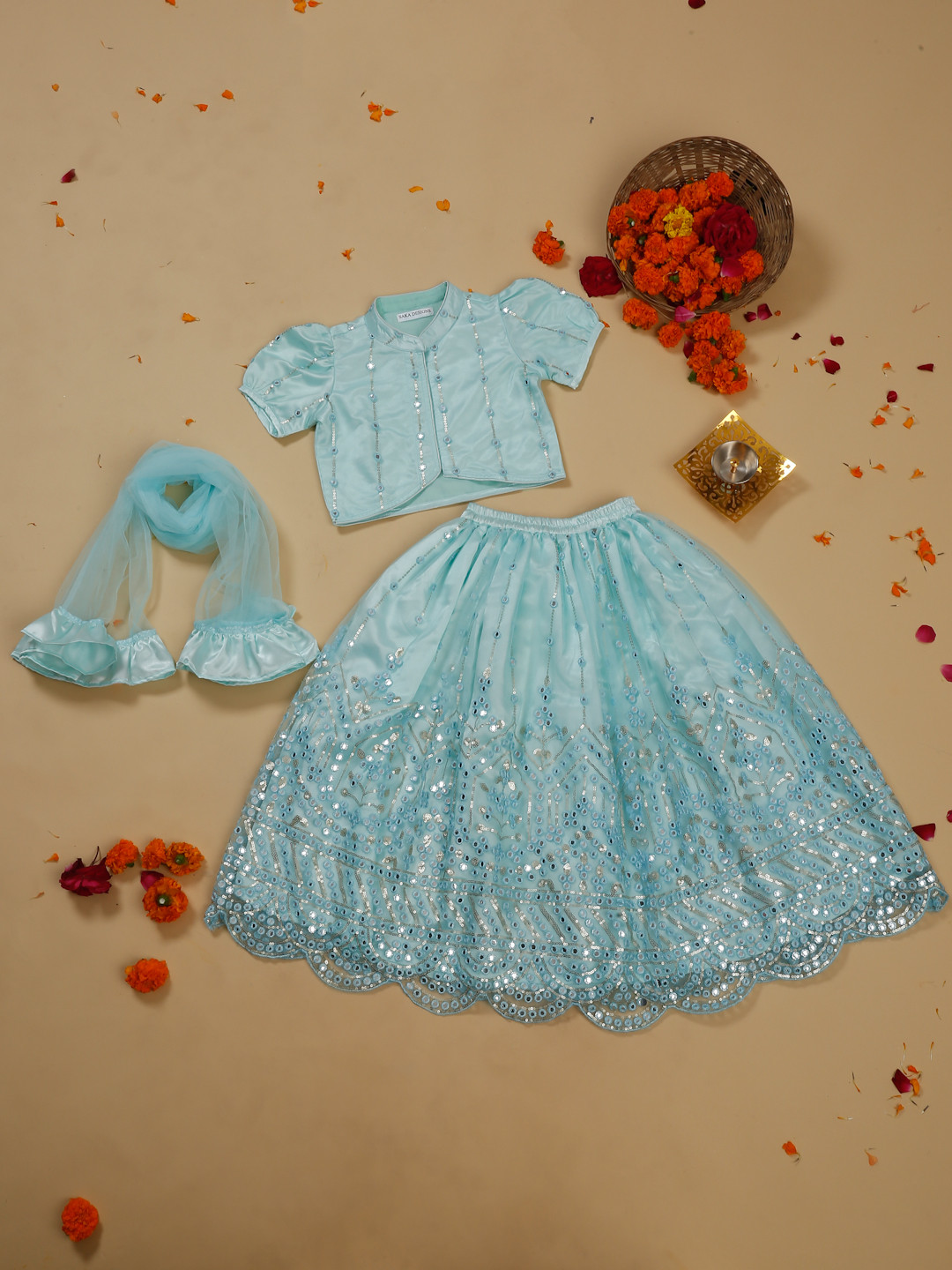 SAKA DESIGNS Girls Embellished Mirror Work Net Ready to Wear Lehenga & Blouse With Dupatta