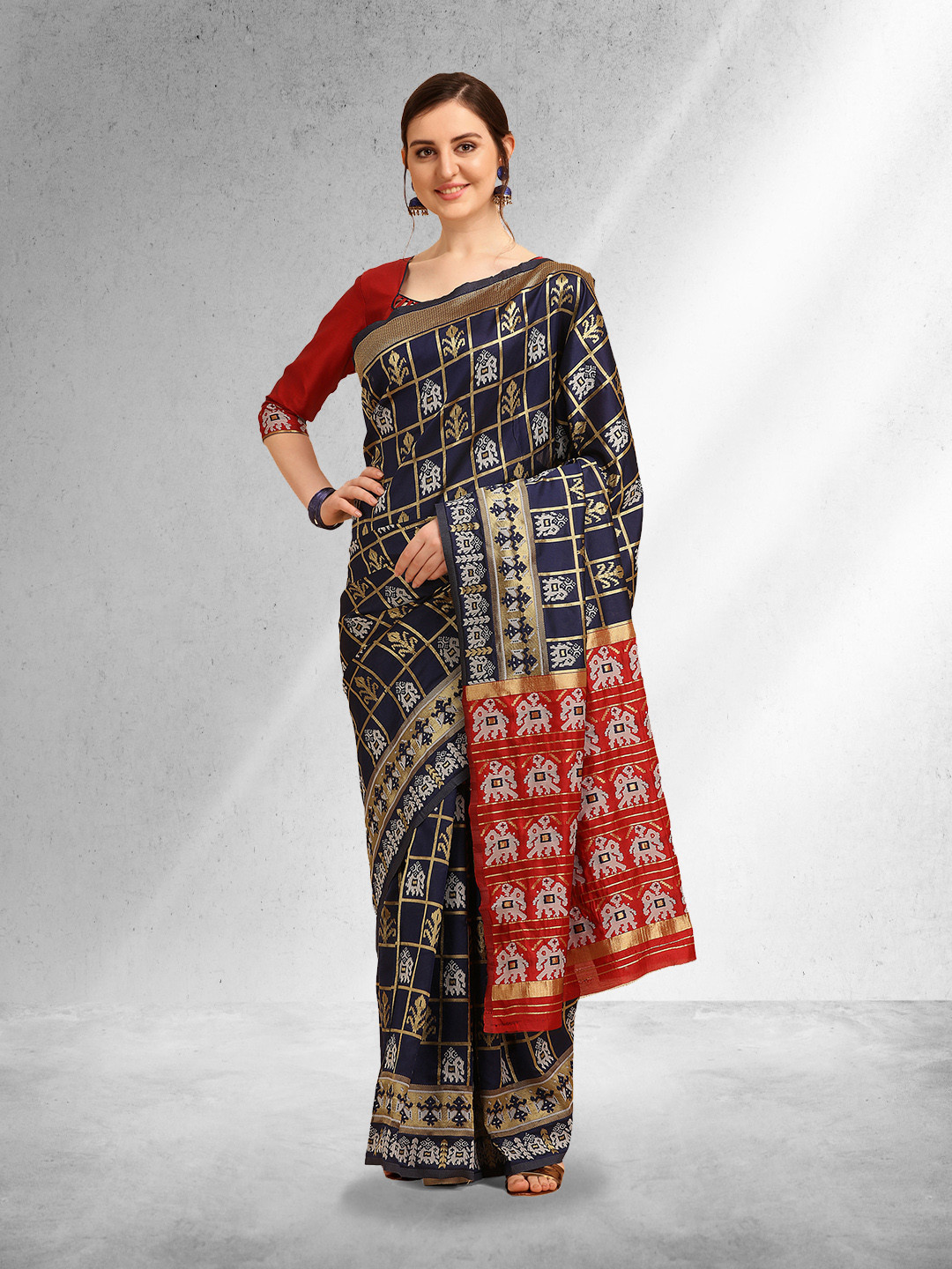 Mitera Navya Blue & Red Ethnic Motifs Zari Silk Cotton Patola Saree