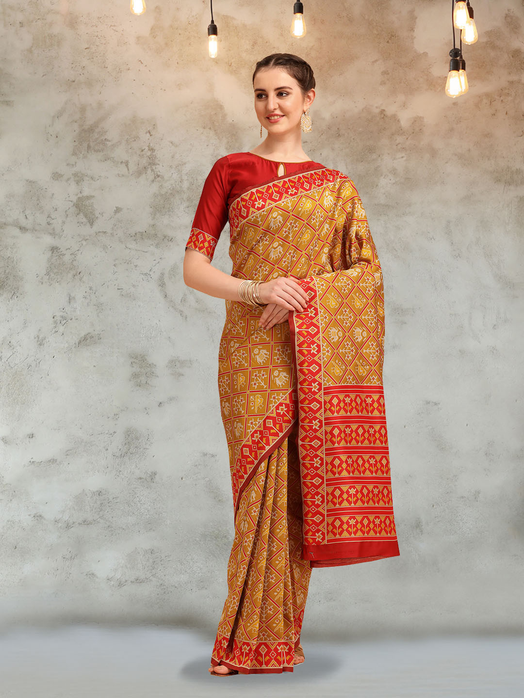 Mitera Yellow & Red Ethnic Motifs Zari Silk Cotton Patola Saree