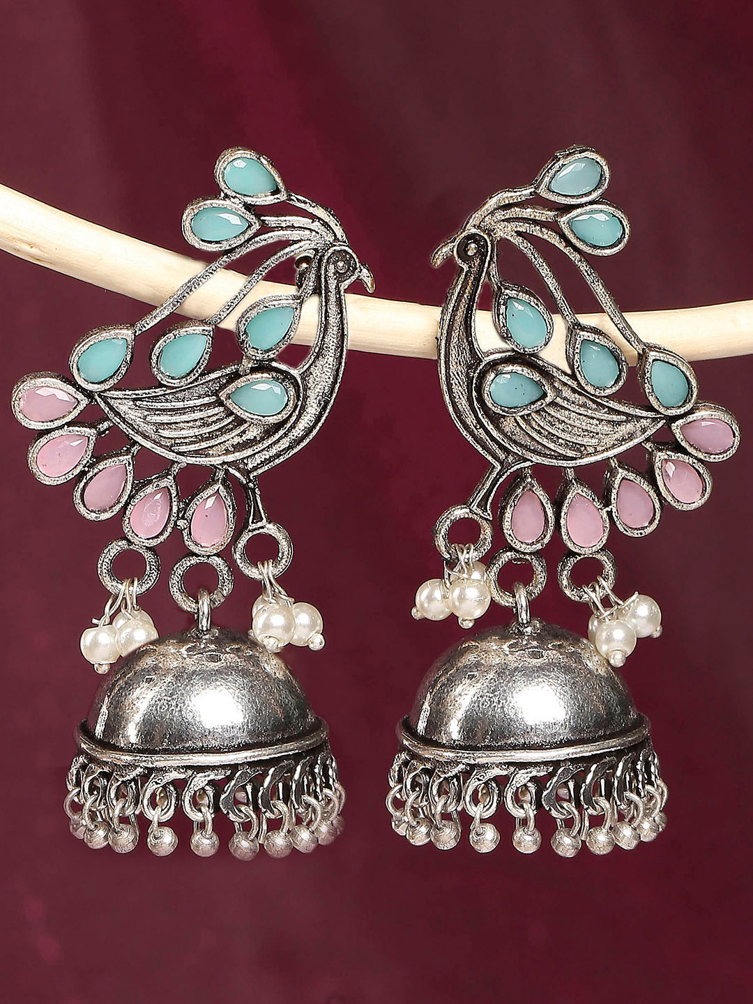 OOMPH Dome Shaped Stone Studded & Beaded Jhumkas