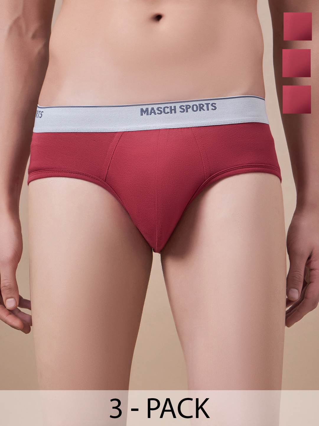 Masch Sports Pack of 3 Outer Elastic Basic Briefs BRF-3-SOL-ET-RED-RED-RED