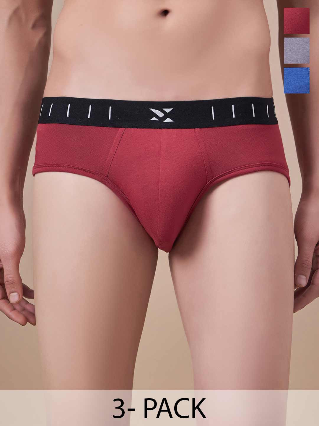 Masch Sports Pack Of 3 Low Rise Anti Microbial Basic Briefs BRF-3-SOL-EI-RED-ET-GRY-BLU