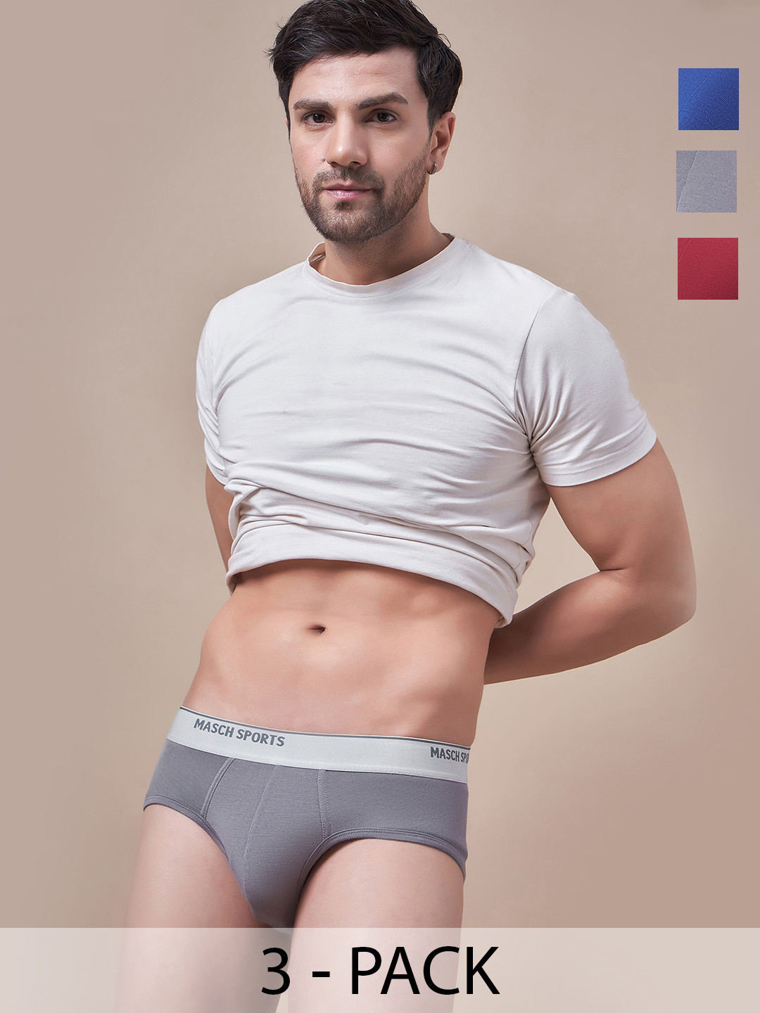 Masch Sports Pack Of 3 Low-Rise Anti-Microbial Basic Briefs BRF-3-SOL-EI-BLU-ET-GRY-RED