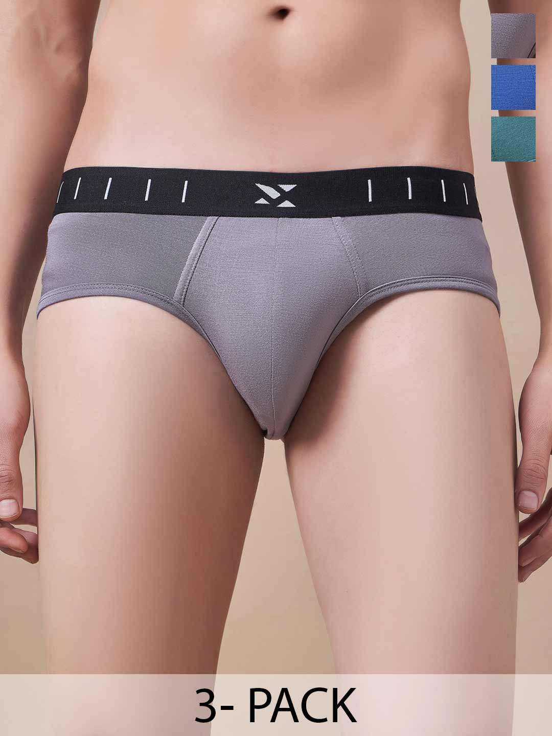 Masch Sports Pack of 3 Outer Elastic Basic Briefs BRF-3-SOL-EI-GRY-BLU-ET-GRN