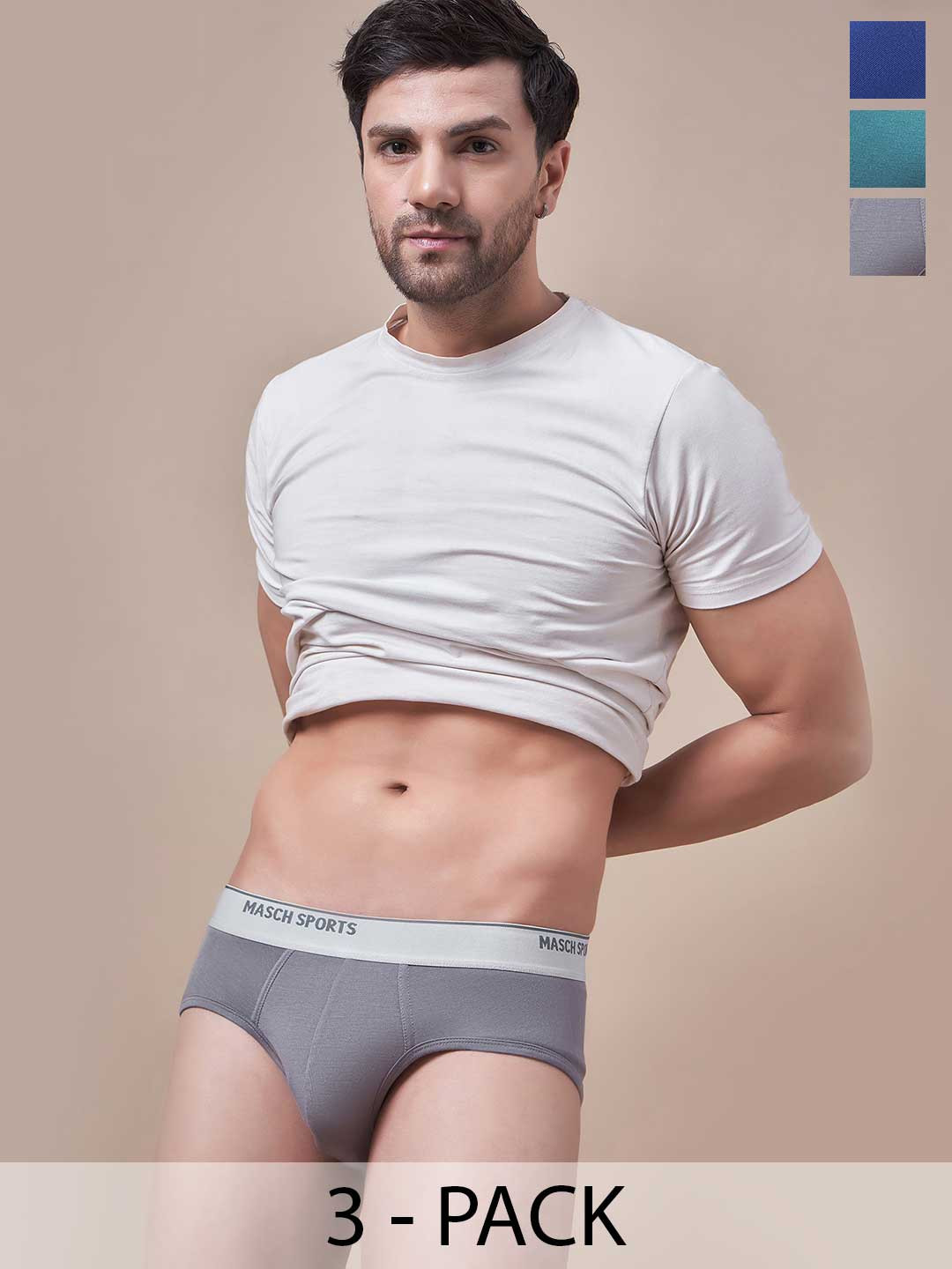 Masch Sports Pack of 3 Printed-detail Basic Briefs BRF-3-SOL-EI-BLU-ET-GRY-GRN