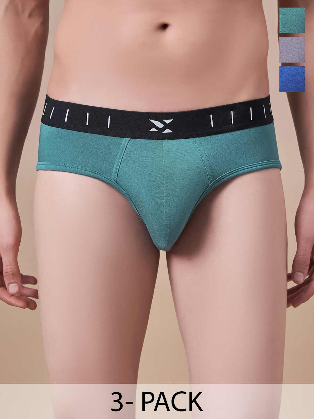 Masch Sports Pack Of 3 Mid -Rise Anti Microbial Basic Briefs BRF-3-SOL-EI-GRN-ET-GRY-B