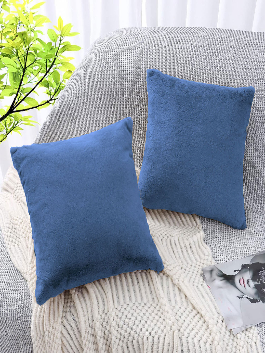 LUXEHOME INTERNATIONAL Blue Polyester Washable 2 Piece Rectangle Cushion Covers -16x16In