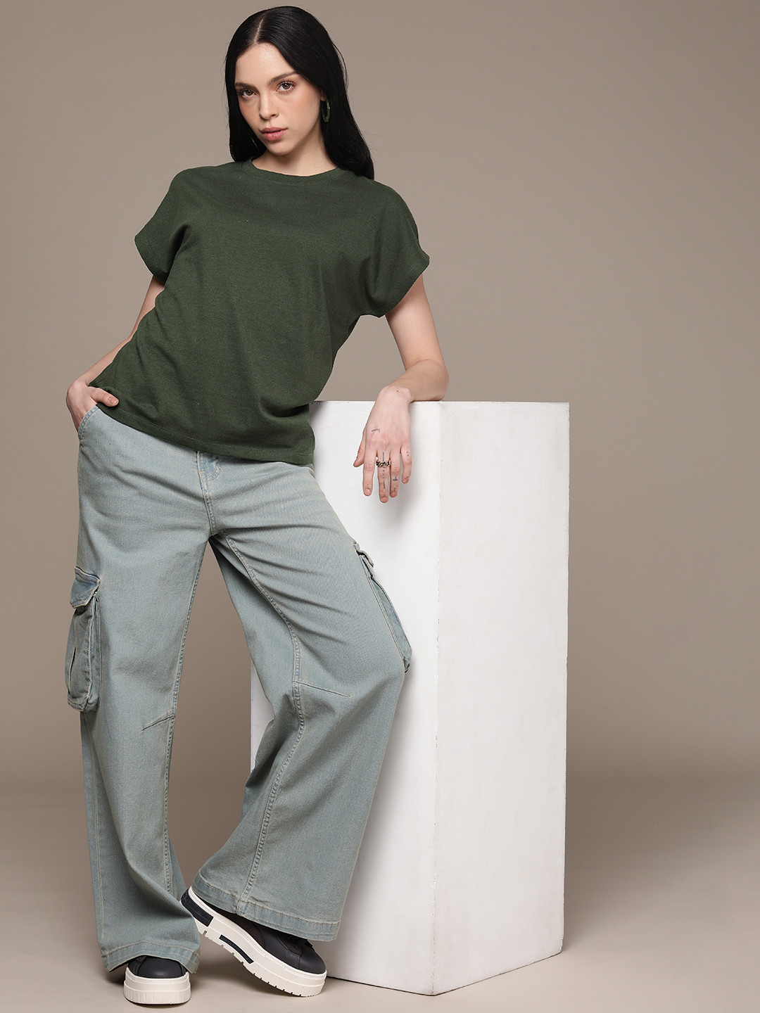 The Roadster Life Co. Solid Oversized Extended Sleeves Casual T-shirt