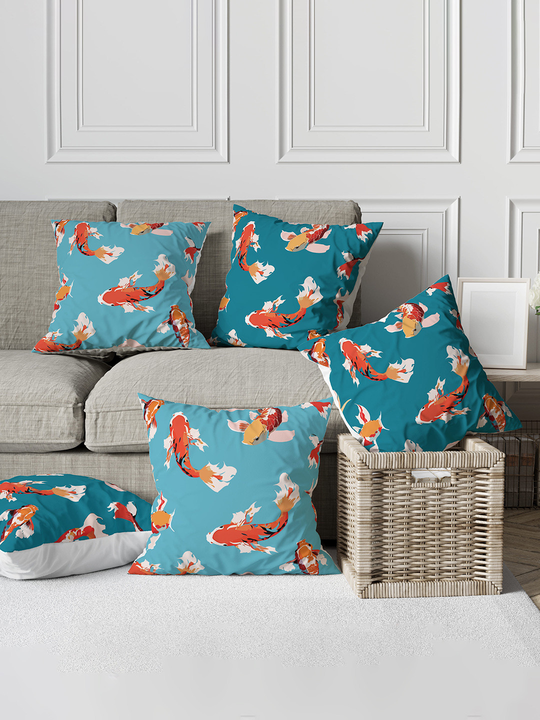 Astitva Cream & Orange 5Pieces Cartoon Characters Silk Square Cushion Covers