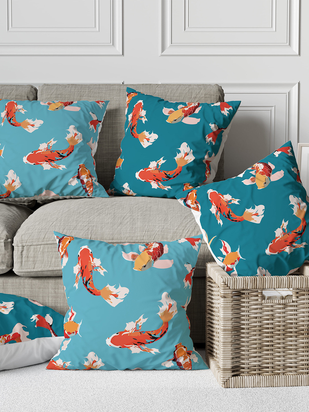 Astitva Fish Blue Conversational Silk Durable 5 Pcs Square Cushion Covers - 17.7 x 17.7 In