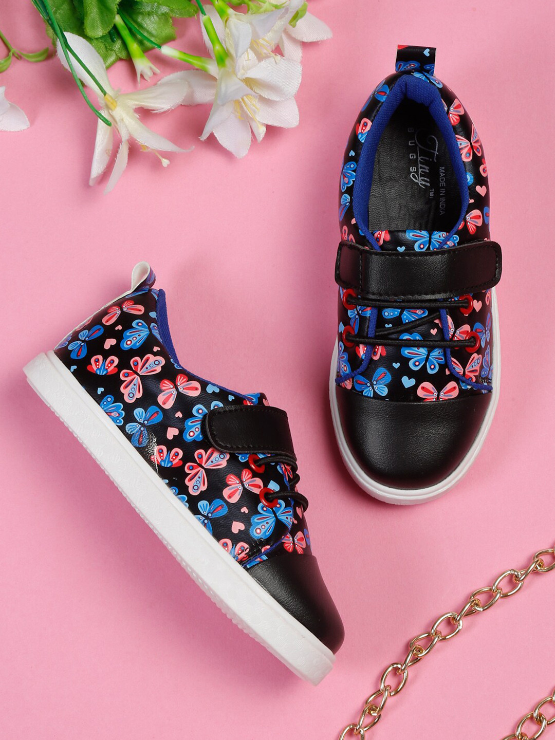 Tiny Bugs Girls Printed Contrast Sole Lightweight Velcro Sneakers