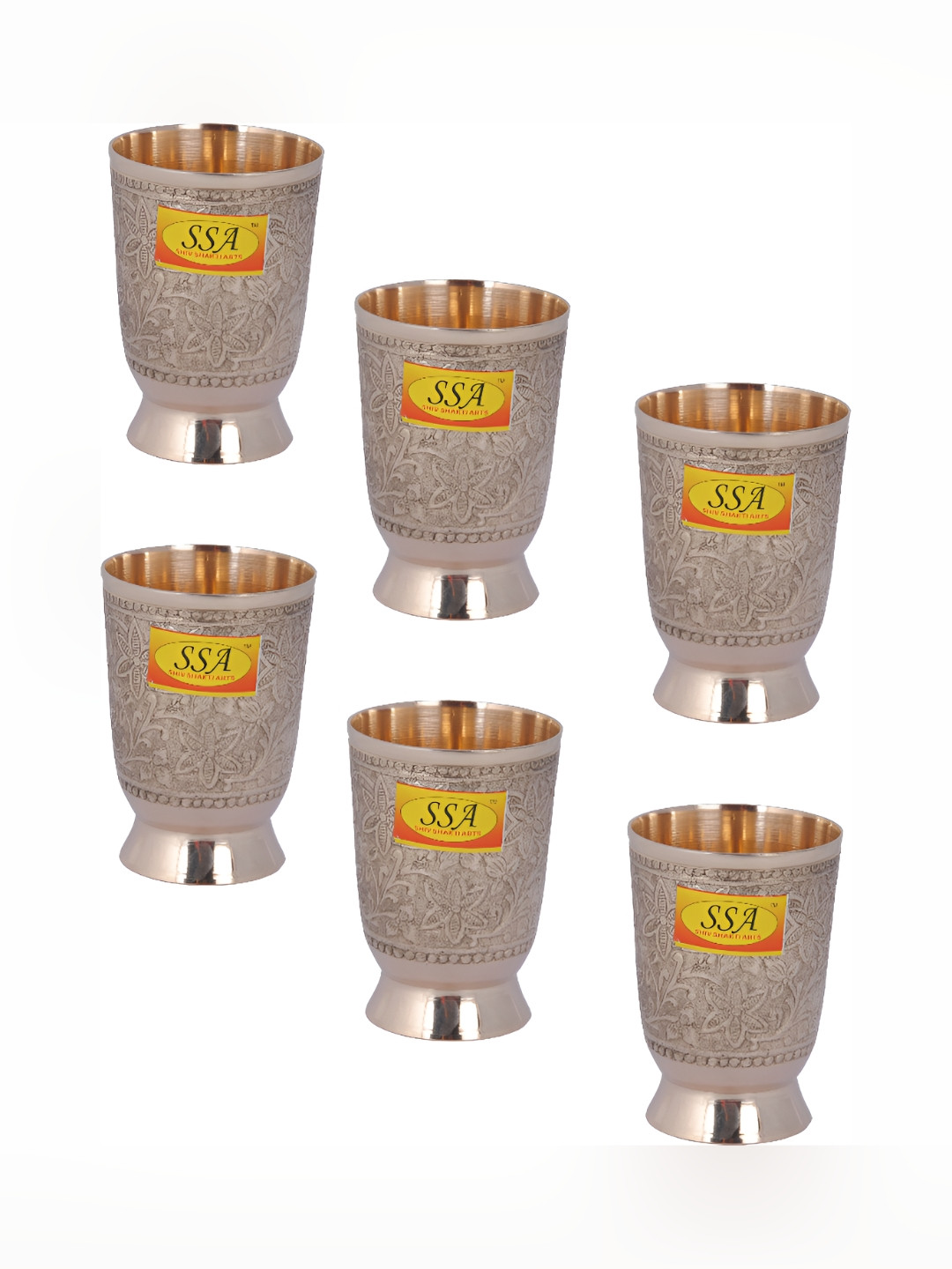 Shivshakti Arts Brown 6 Pieces Textured Copper Water Glass 300 Ml