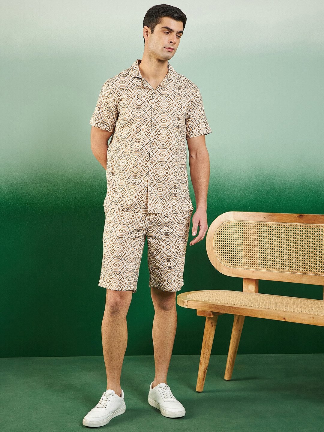 Sangria Beige Printed Pure Cotton Shirt With Shorts
