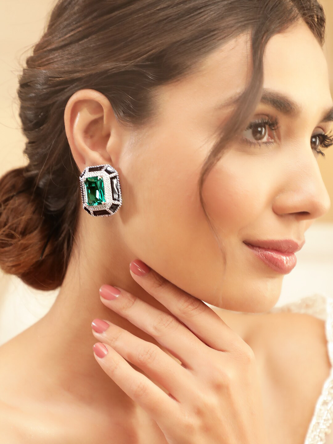 Rubans Premium Rhodium Plated Enamel AAA Cubic Zirconia Statement Stud Earrings