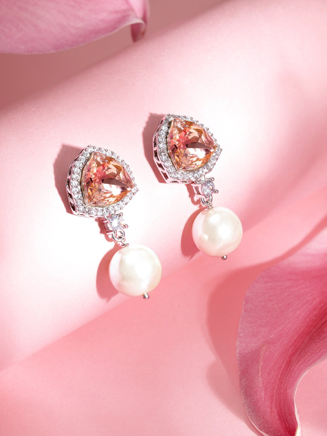 Rubans Silver Plated Peach Sapphire and Pearl Drop Earrings Elegant Jewelry