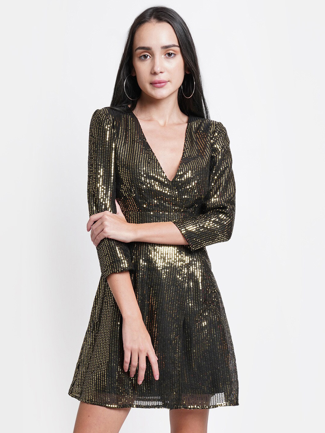 DODO & MOA Gold-Toned V-Neck Embellished Fit & Flare Dress