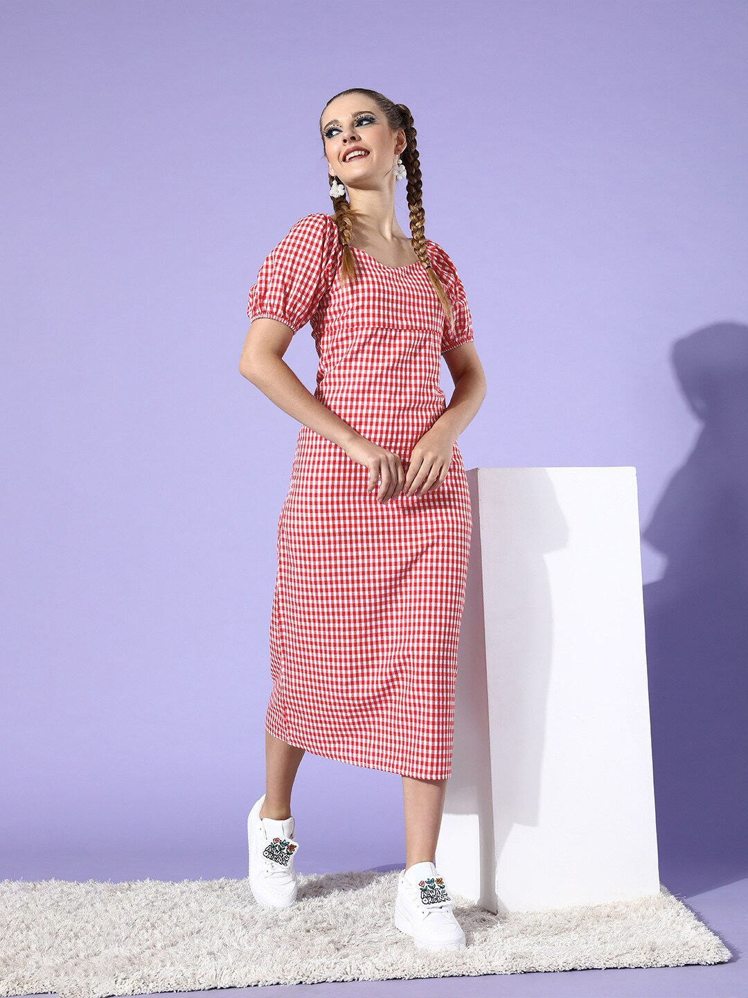 DODO & MOA Pink Checked Sweet Heart Puff Sleeve Midi A-Line Dress