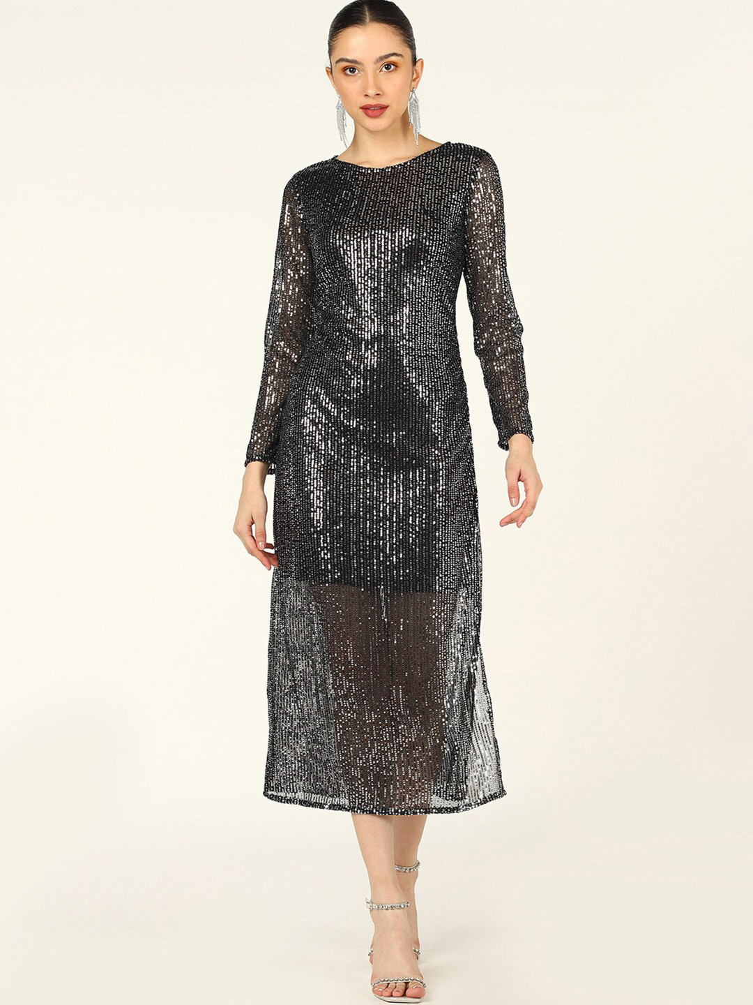 DODO & MOA Black Round Neck Embellished Satin A-Line Midi Dress