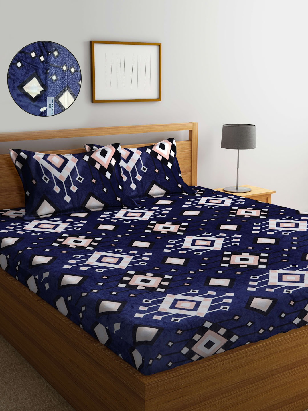 KLOTTHE Blue Geometric Wool 300 TC Fitted King Fine Bedsheet with 2 Pillow Covers-98 x 89 inches
