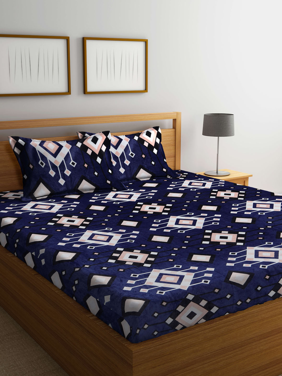 KLOTTHE Blue Geometric Wool 300 TC King Fine Bedsheet with 2 Pillow Covers-98 x 89 inches
